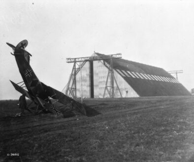 294_A German aeroplane which nose-dived outside a Zeppelin shed near Namur. November, 1918.